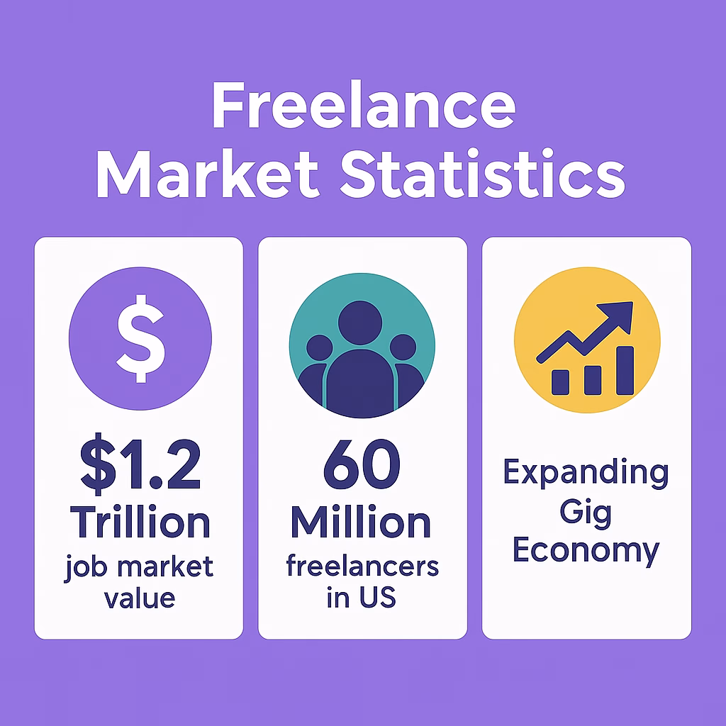 Colorful infographic displaying key freelance market statistics with icons showing dollar signs, user figures, and growth arrows representing the expanding gig economy