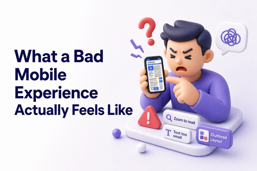 Frustrated user zooming and scrolling on a poorly designed non-mobile-friendly small business website