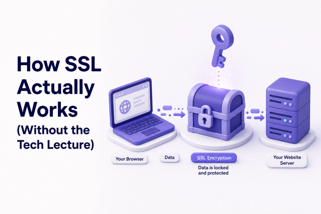 Illustration showing encrypted data connection between visitor browser and website server using SSL - what is SSL