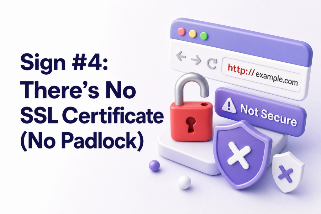 Browser address bar showing HTTP website labeled as Not Secure without SSL padlock