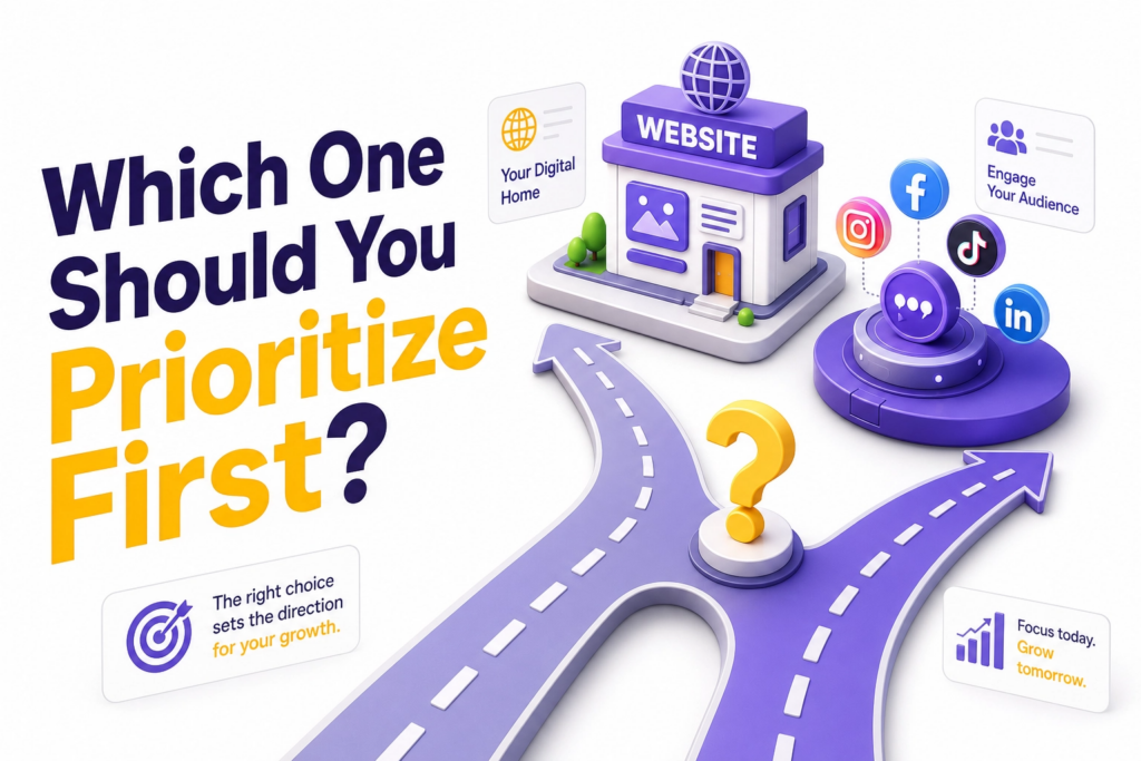 Small business owner deciding between building a website or creating a social media profile first