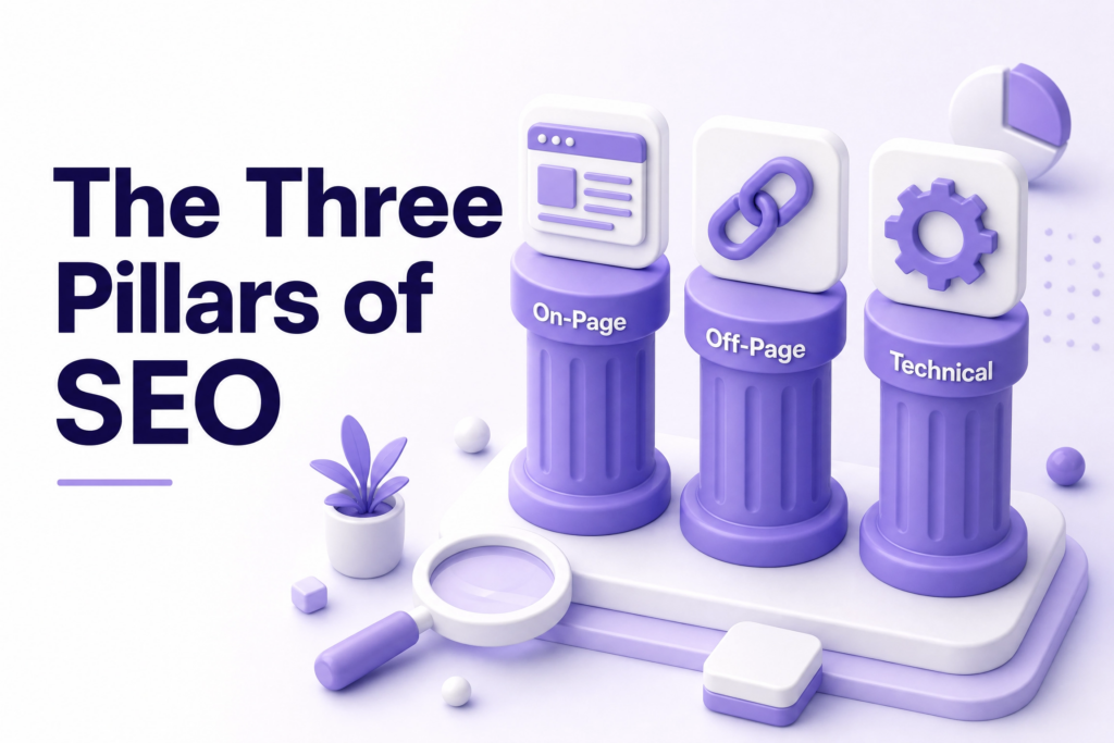 Infographic showing on-page SEO, technical SEO, and off-page SEO as three pillars