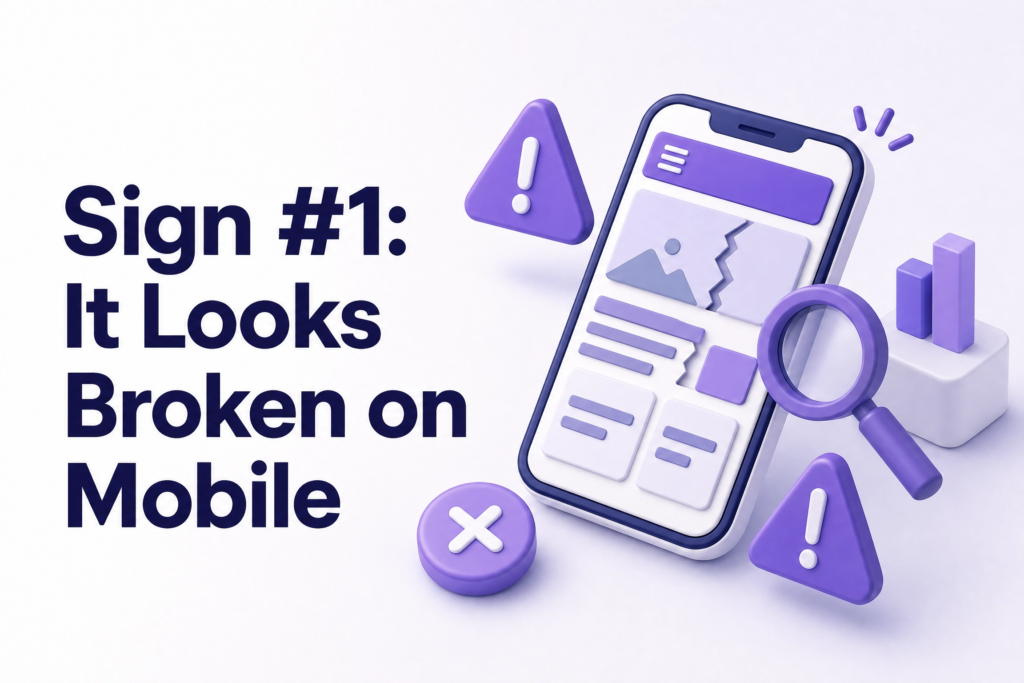 Outdated website displaying incorrectly on a smartphone with broken layout and tiny text