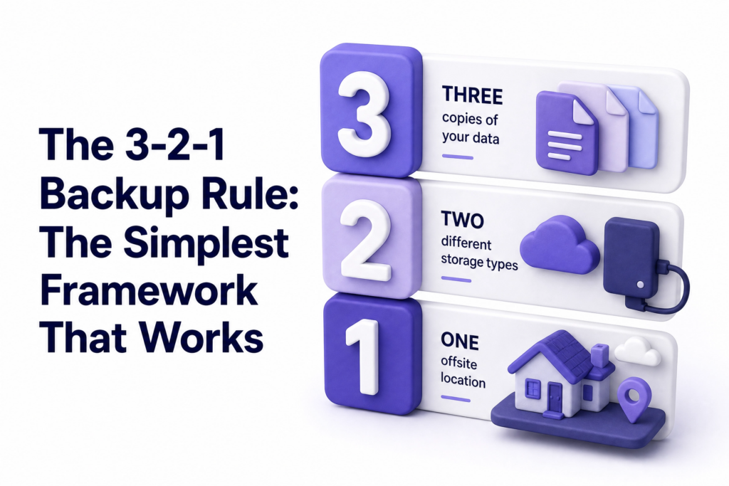 Infographic explaining the 3-2-1 backup rule with three copies two storage types and one offsite