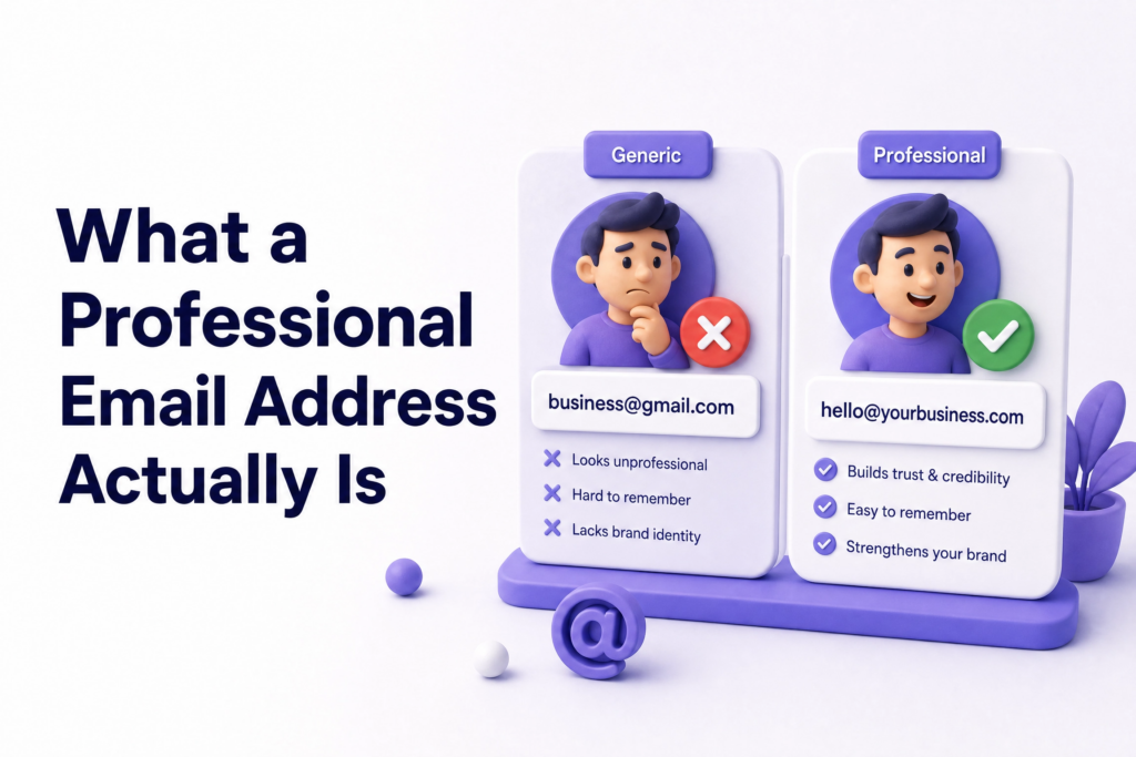 Side by side comparison showing unprofessional Gmail address versus professional domain email address - professional email address