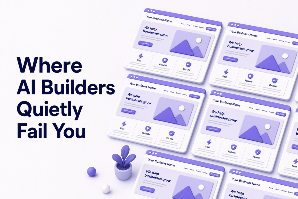 Multiple small business websites using identical AI builder templates looking the same online