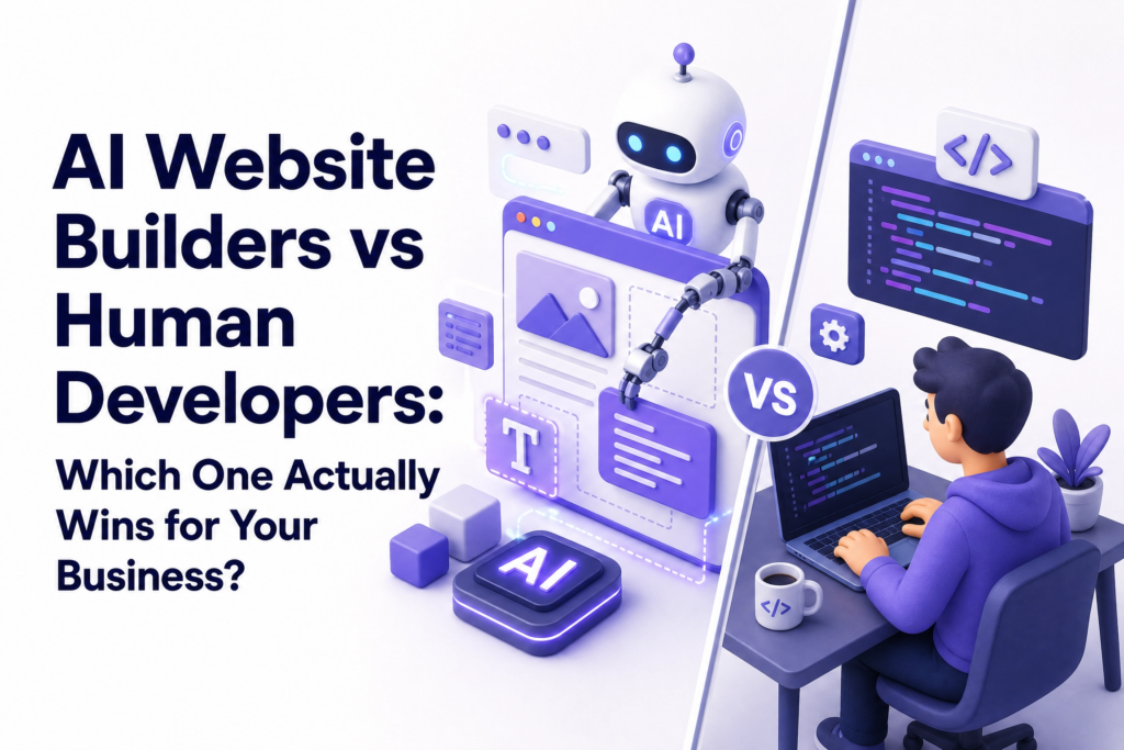 Comparison table showing differences between AI website builders and human developers in cost speed and SEO - AI website builders vs human developers