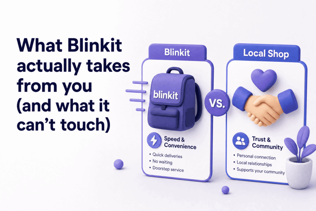 3D comparison infographic showing Blinkit's focus on speed and convenience versus a local shop's strengths in personal trust, community connection, and local relationships. - Blinkit in Srinagar