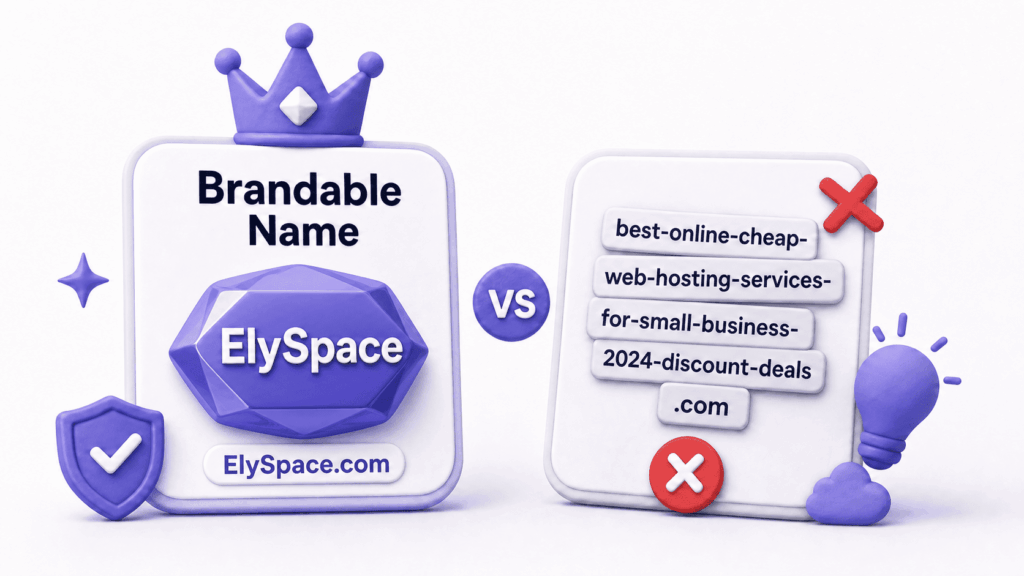 Comparison showing memorable brandable domain name versus keyword stuffed unprofessional domain alternative