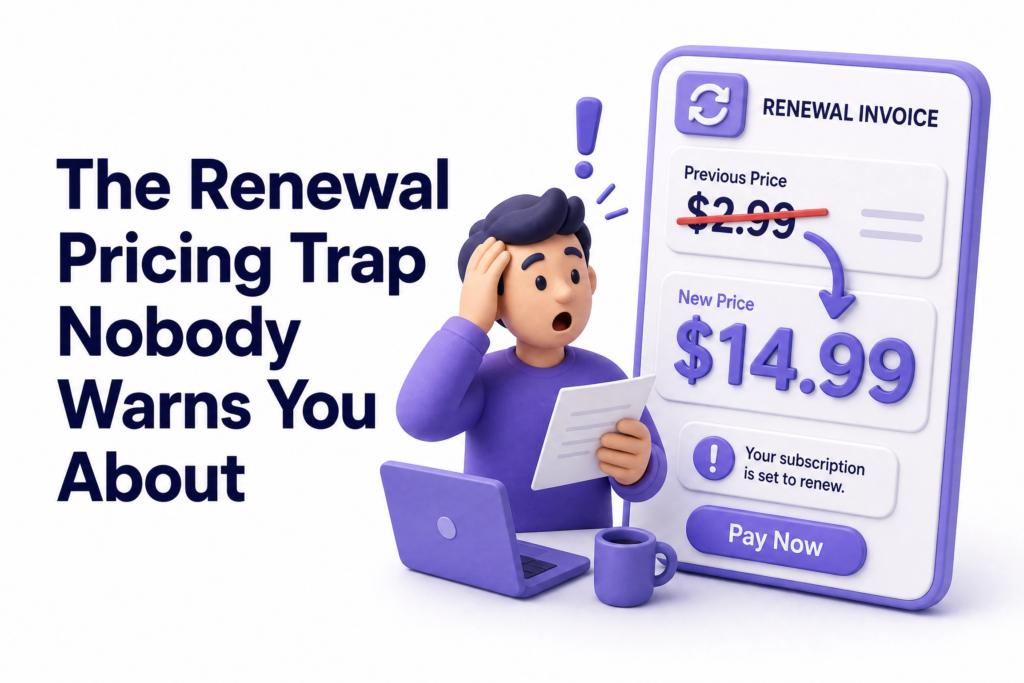 Hosting renewal notice showing price doubling from promotional rate to full renewal price