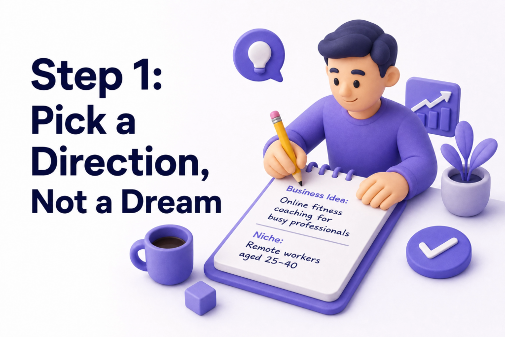 Entrepreneur writing down specific online business idea with target customer and niche defined on paper
