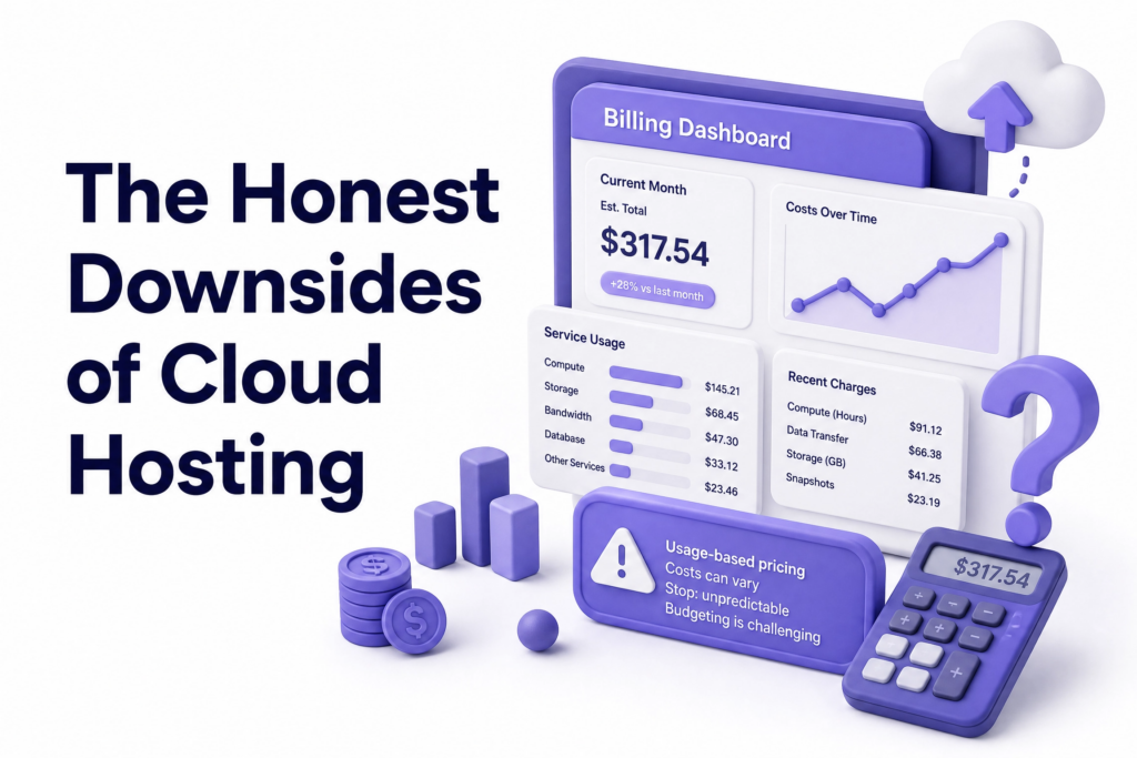 Cloud hosting billing dashboard showing variable usage-based costs that can make budgeting unpredictable