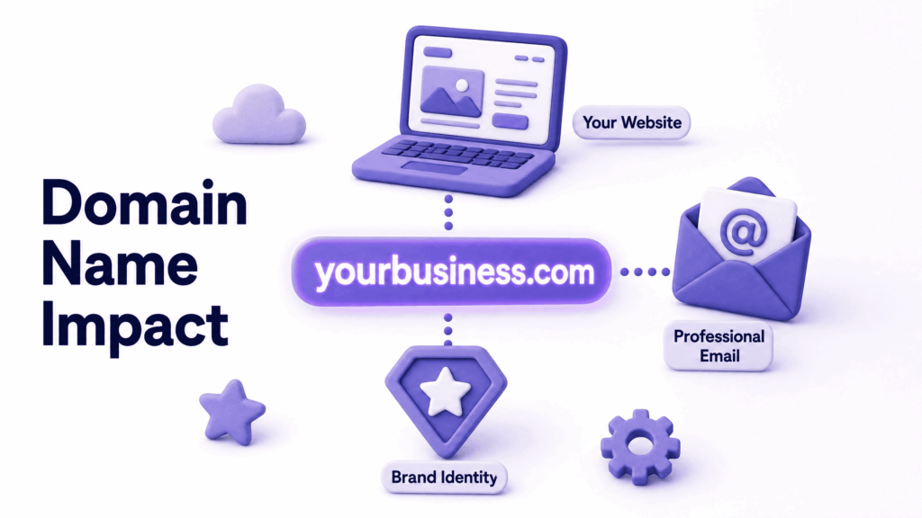 Diagram showing how a domain name connects a business website professional email and brand identity - choose the right domain name