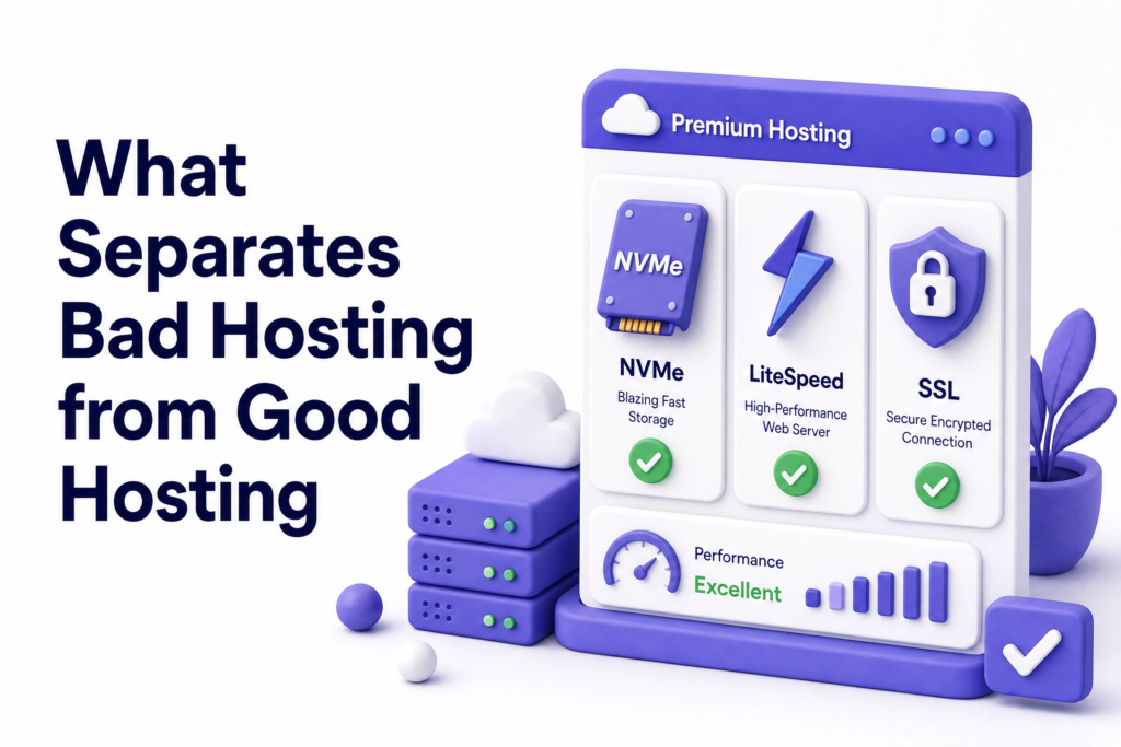 Quality hosting control panel showing LiteSpeed server NVMe storage SSL and automated backups included