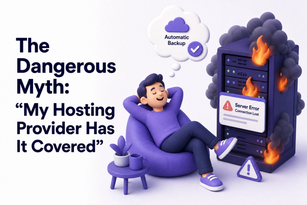 Small business owner wrongly assuming hosting provider automatically backs up entire website