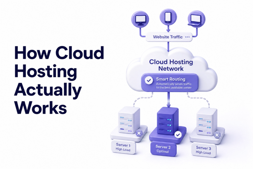 Illustration showing how cloud hosting virtualisation automatically routes website traffic to best server - what is cloud hosting