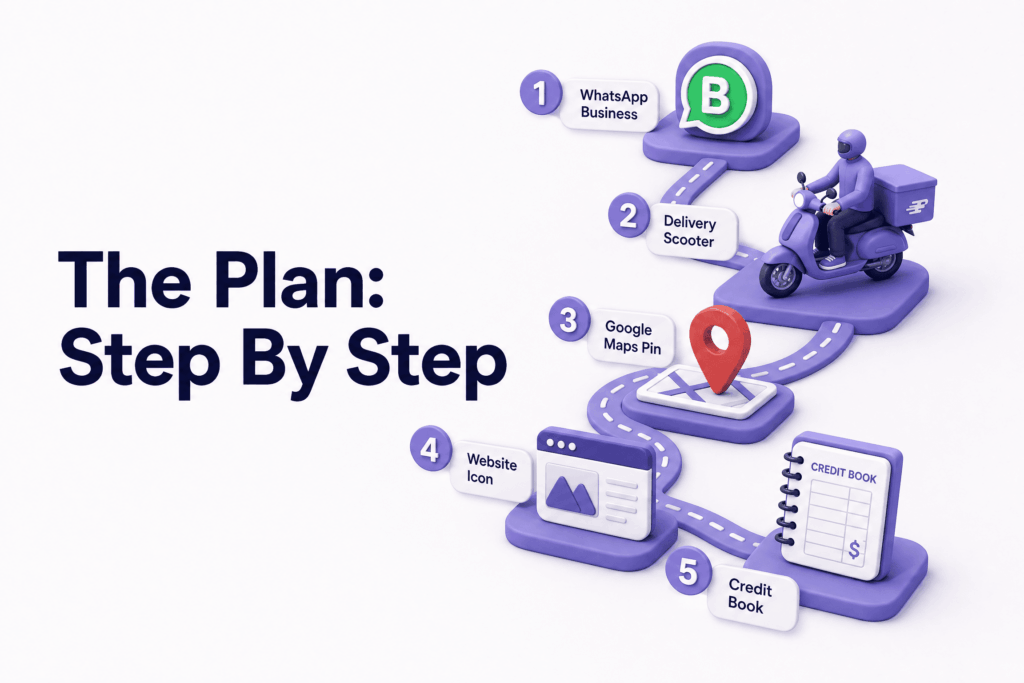  3D roadmap showing a 5-step digital transformation plan for local shops including WhatsApp Business, delivery scooter, Google Maps location, business website, and digital credit book.