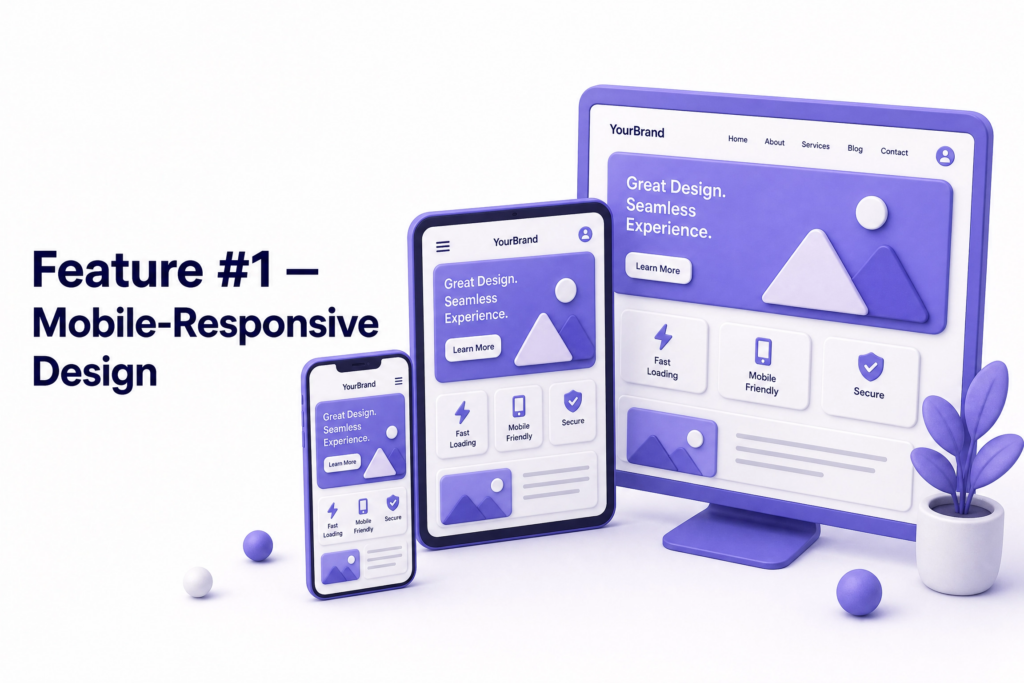 Business website displaying correctly on smartphone tablet and desktop with responsive layout - features every business website must have