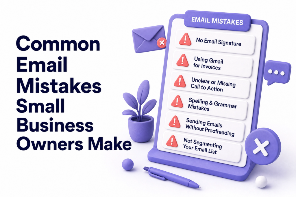 List of common professional email mistakes including using Gmail for invoices and no email signature
