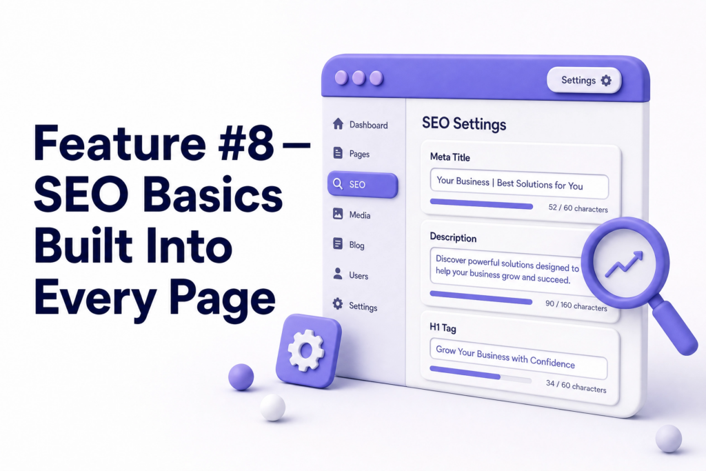 Website backend showing SEO meta title description and proper heading structure on a business page