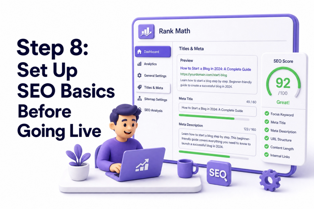 WordPress Rank Math SEO plugin dashboard showing beginner setting up meta titles and descriptions before launch