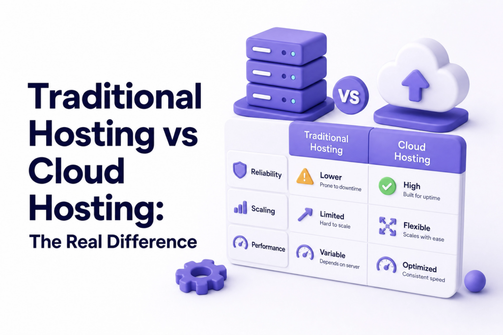 Comparison table showing differences between traditional shared hosting and cloud hosting for small business