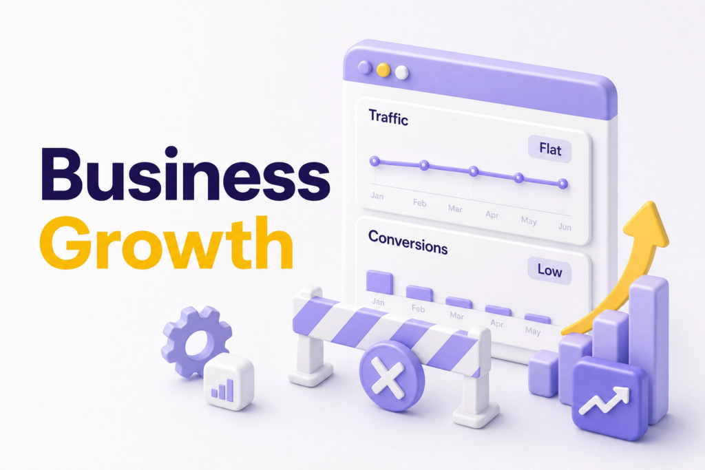 Analytics dashboard showing stagnant website traffic and low conversions holding back small business growth