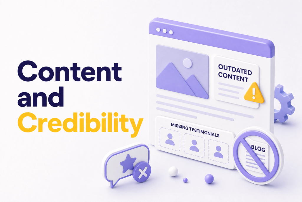 Business website showing outdated content missing testimonials and no blog creating credibility issues for visitors