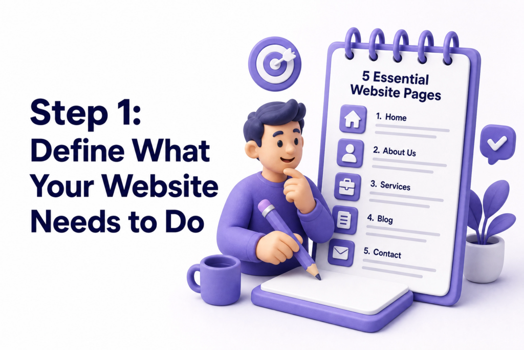 Business owner planning five essential website pages on paper before opening any website builder tool - creating your first website