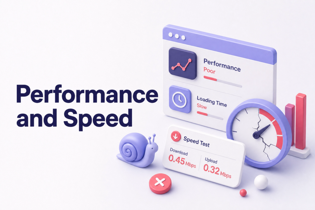 Dashboard showing slow website performance metrics and speed test results indicating a business website needs upgrading - website upgrade