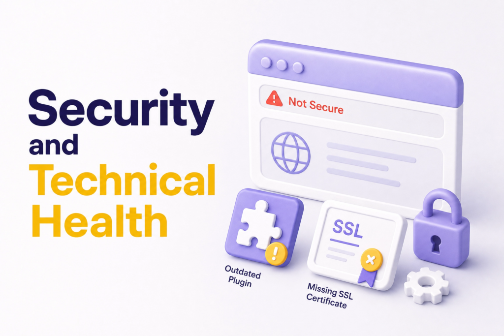 Browser showing Not Secure warning alongside website backend with outdated plugins and missing SSL certificate