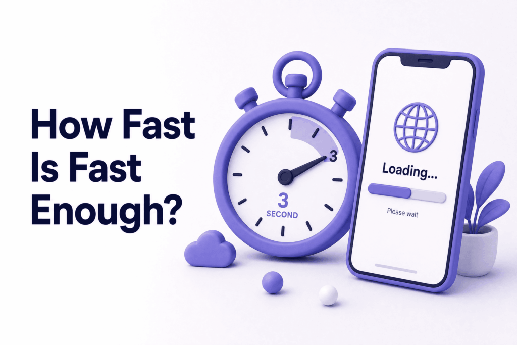 Stopwatch showing 3 second website loading benchmark with mobile phone displaying slow loading page - slow websites