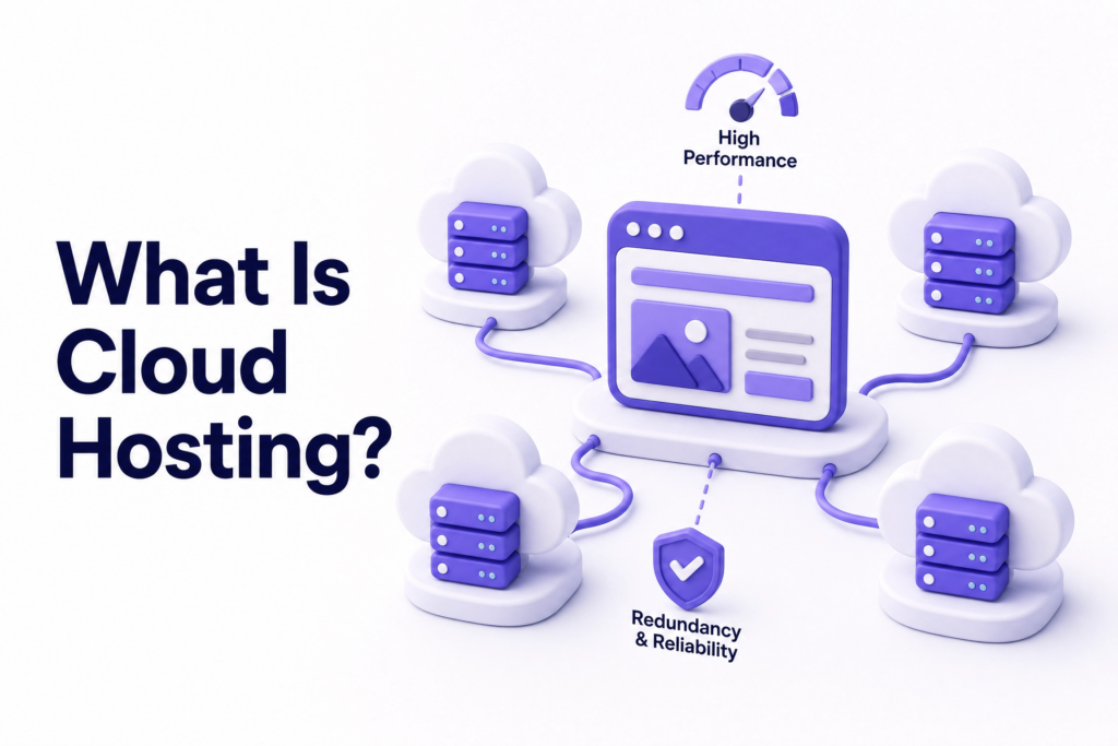 Illustration of cloud hosting spreading a website across multiple servers for better performance