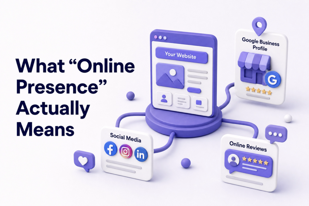 Diagram showing all components of a strong online presence including website Google profile and social media
