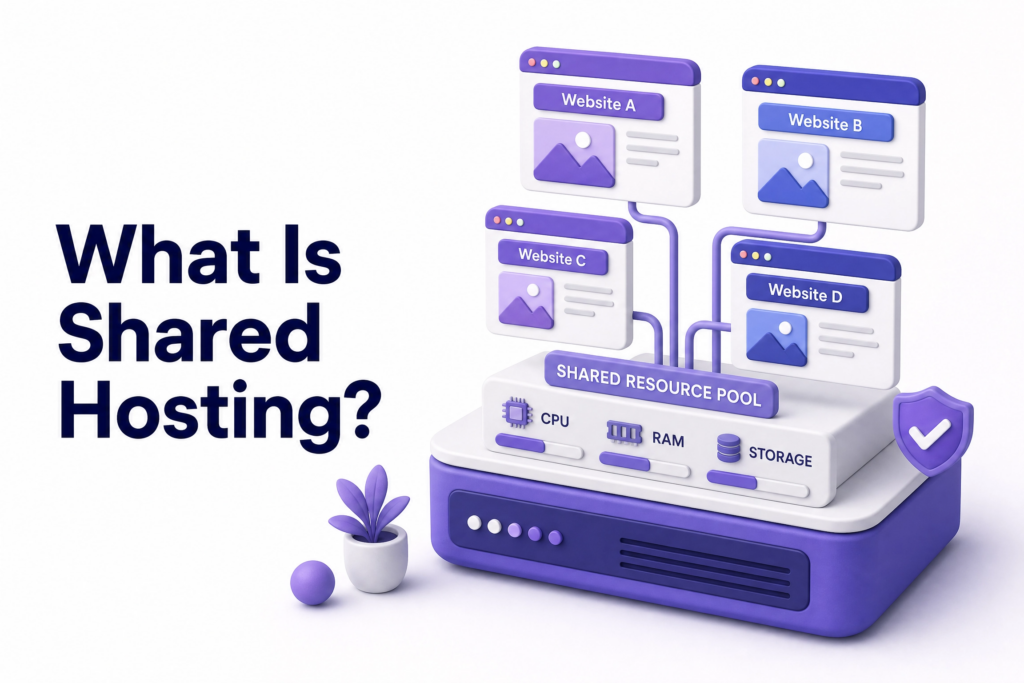 Diagram showing multiple websites sharing resources on a single physical server in shared hosting - shared hosting vs cloud hosting