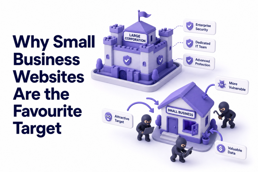 Infographic showing reasons small business websites are easier targets for hackers than large corporations - how hackers attack small business websites