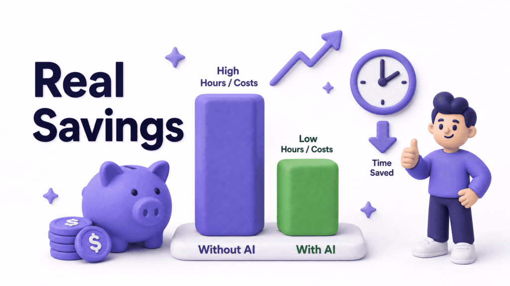 Chart showing monthly cost savings and hours saved by small businesses using AI tools