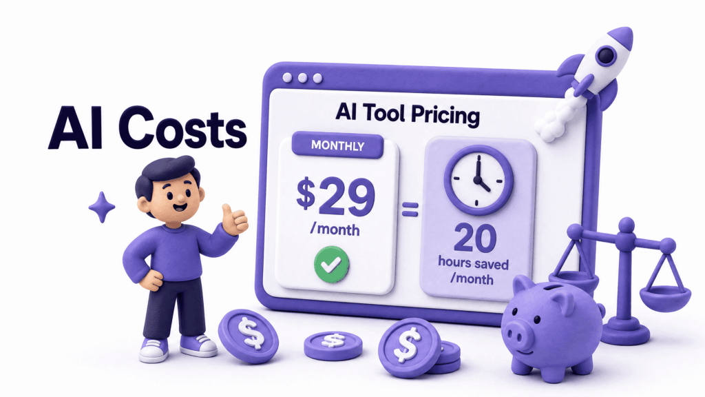Affordable AI tool pricing dashboard showing monthly subscription cost versus hours saved for small business