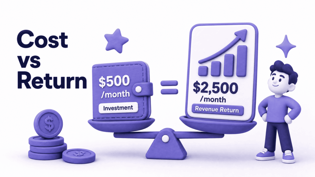 Simple calculation showing digital transformation investment versus monthly revenue return for small business