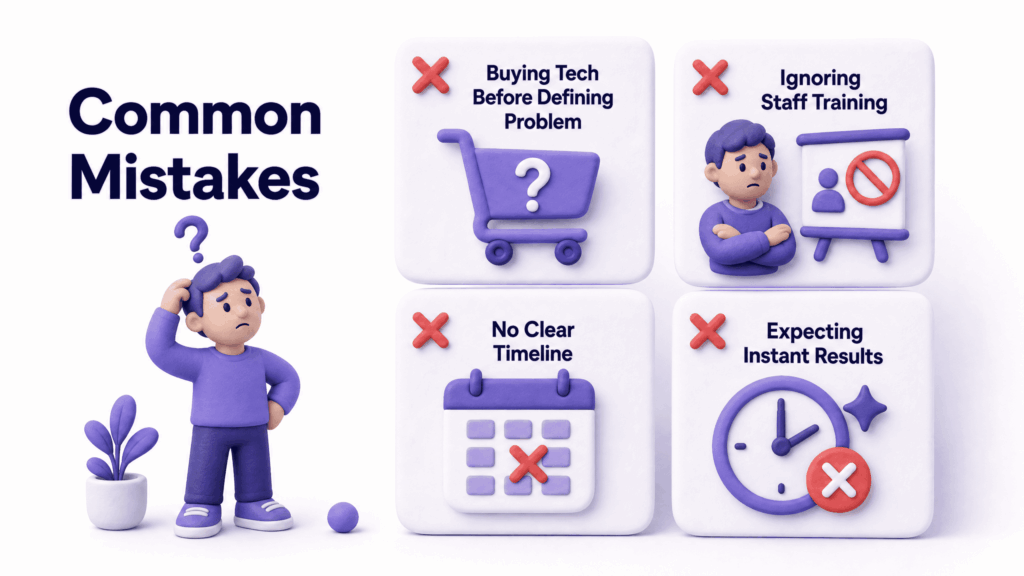 List of common digital transformation mistakes including buying technology before defining the problem