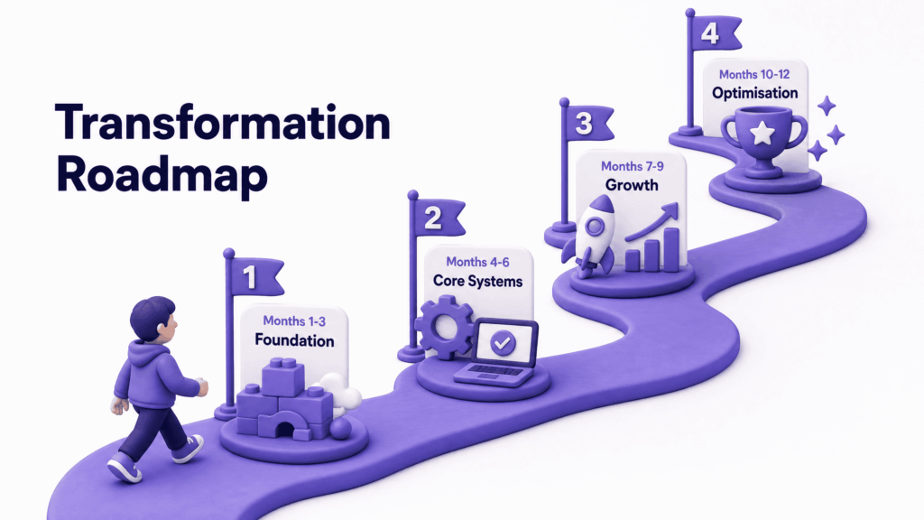 Phased 12-month digital transformation roadmap for small businesses showing foundation to optimisation steps