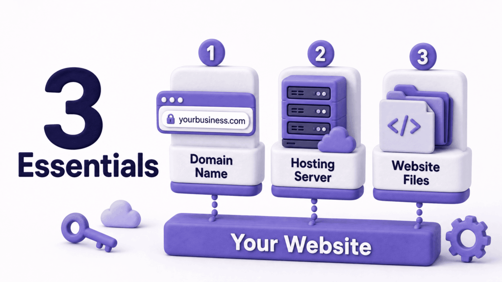 Infographic showing domain name hosting server and website files as the three essential components of a website