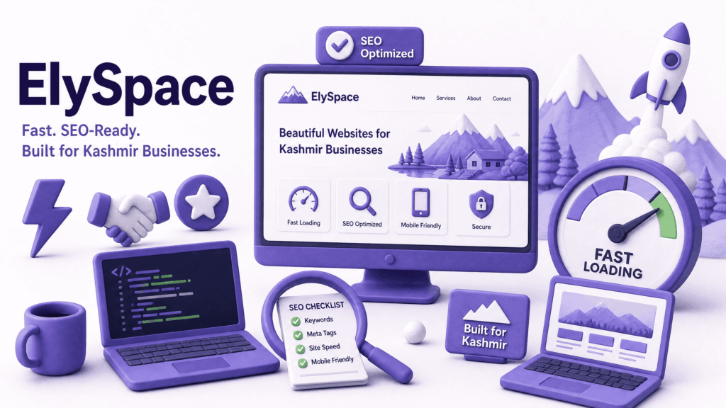 ElySpace Kashmir web design team working on a fast SEO-ready business website for a local client