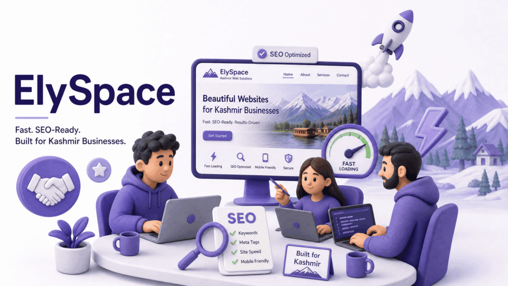 ElySpace Kashmir web design team working on a fast SEO-ready business website for a local client