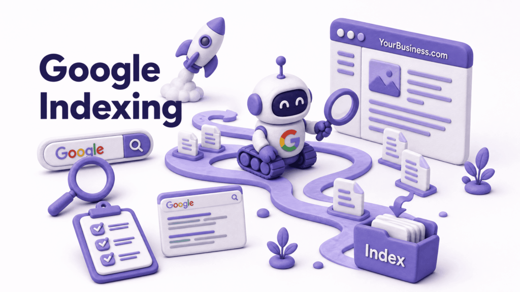 Illustration of Google crawler visiting and indexing a business website for search results