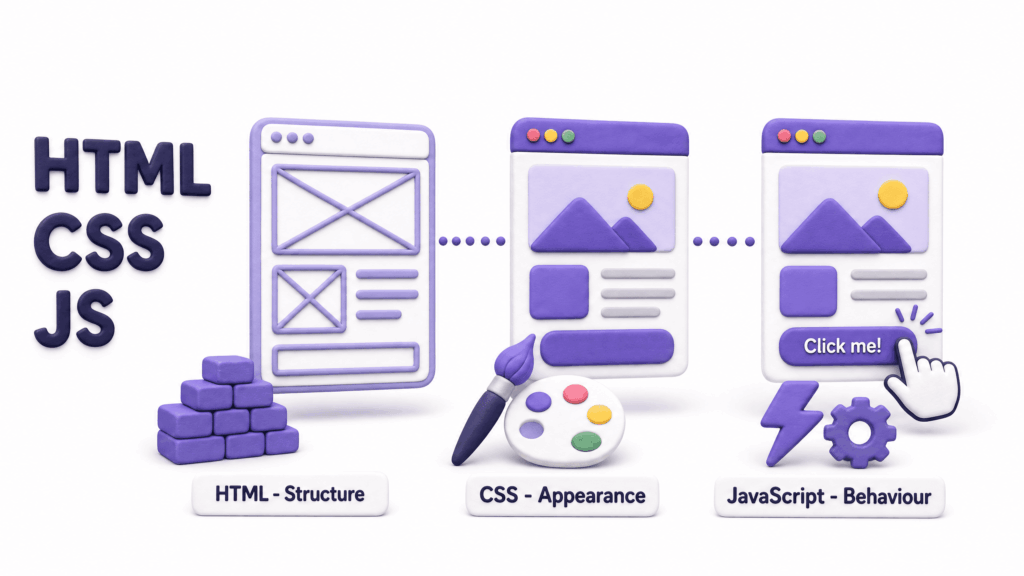 Three-part diagram showing HTML as structure CSS as appearance and JavaScript as behaviour on a web page
