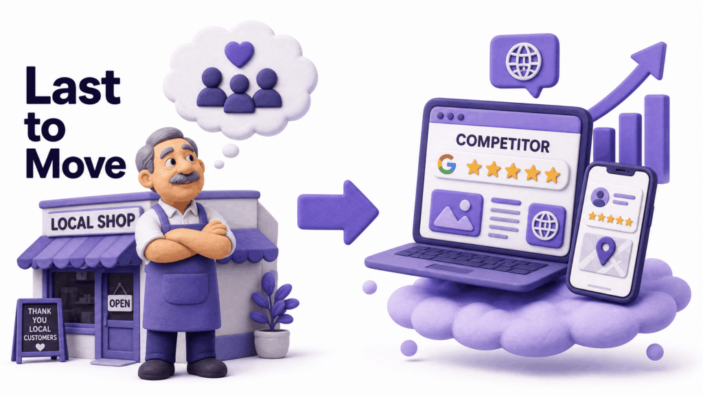 Established local business owner assuming loyal customers are enough while competitor gains online visibility