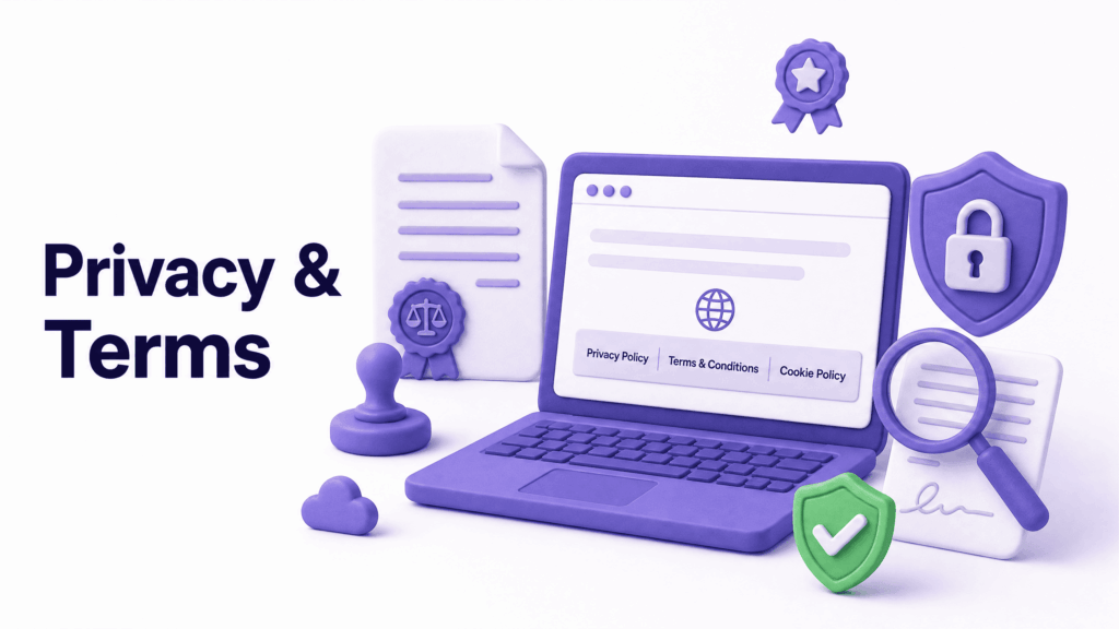 Website footer showing links to privacy policy and terms pages building legal credibility and visitor trust