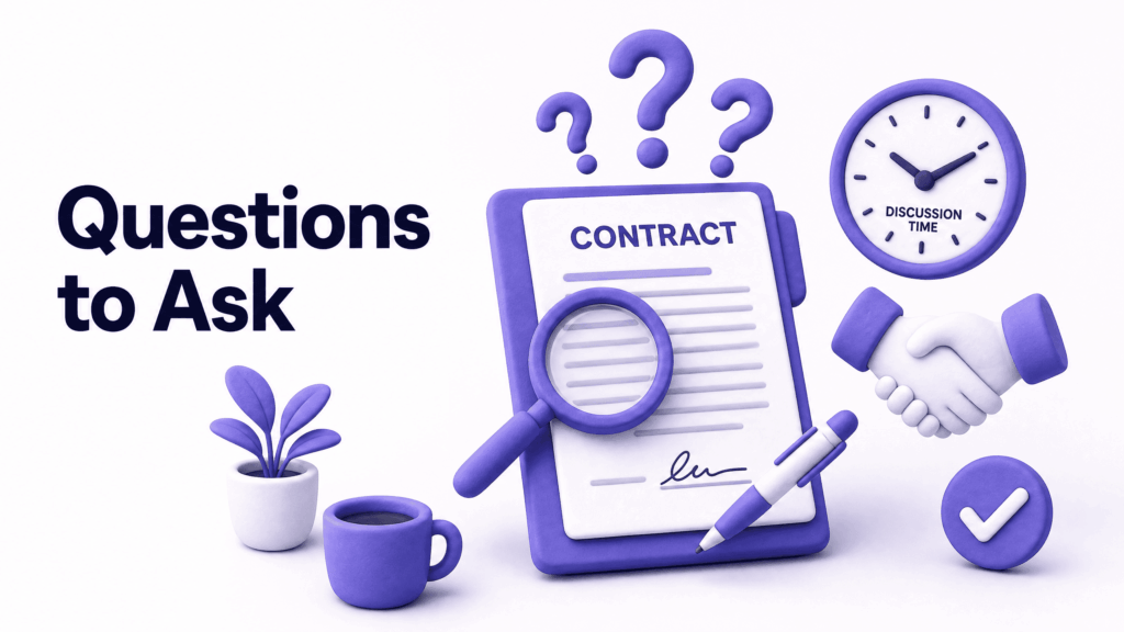 Business owner interviewing web design company asking important questions before signing agreement