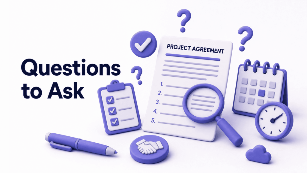 US business owner asking important questions to web design agency before signing project agreement